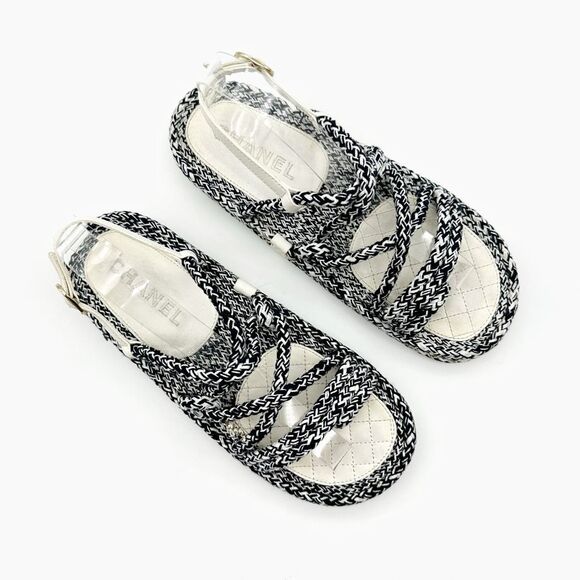 CHANEL Blue White Rope Interlocking CC Charm Dad Sandal Size 40 Chain Slingback - Picture 3 of 13